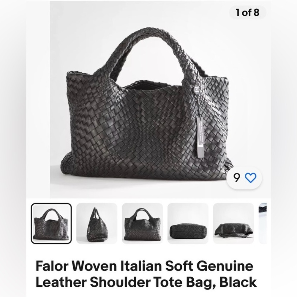 Falor Woven Italian Soft Genuine Leather Shoulder Tote Bag, Black